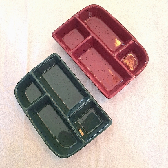 TWO Glazed Stoneware Trays with Four Compartments Sushi Condiments Divided Plate - Picture 1 of 12